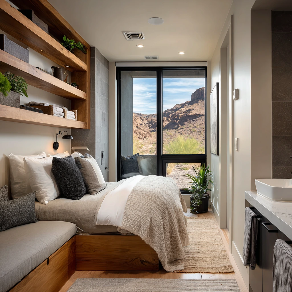 Compact ADU bedroom with built-in storage and mountain views