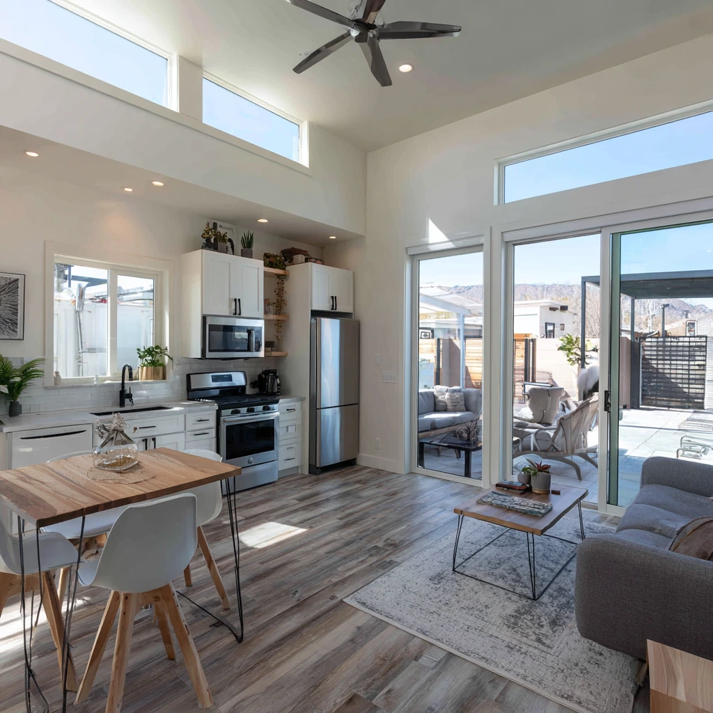 Open concept ADU with kitchen, dining, and living areas