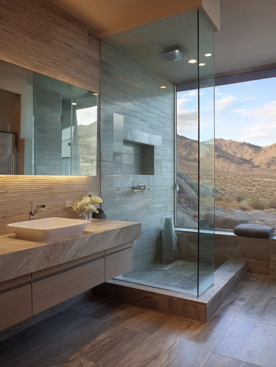 Luxury bathroom with glass shower enclosure and mountain views
