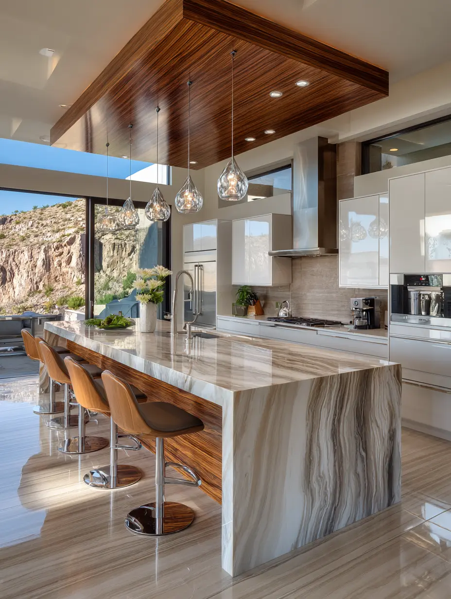 Sleek modern kitchen with marble waterfall island and wood grain cabinets