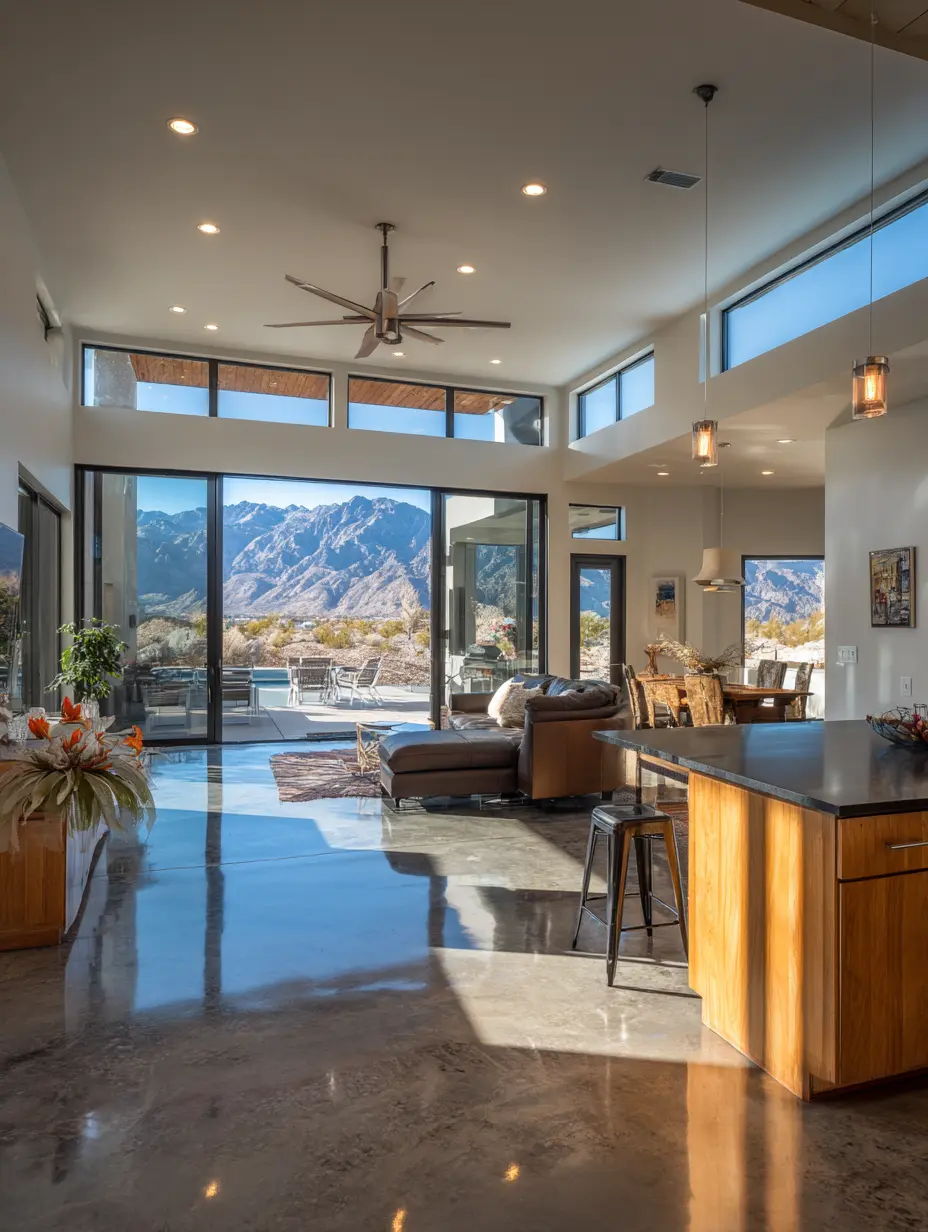 Open concept living space with polished concrete floors, modern kitchen, and mountain views