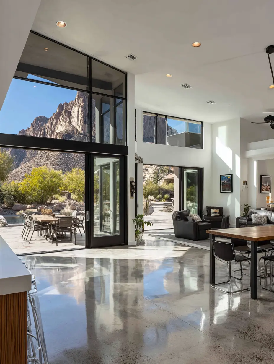 Modern living space with floor-to-ceiling windows and polished concrete floors