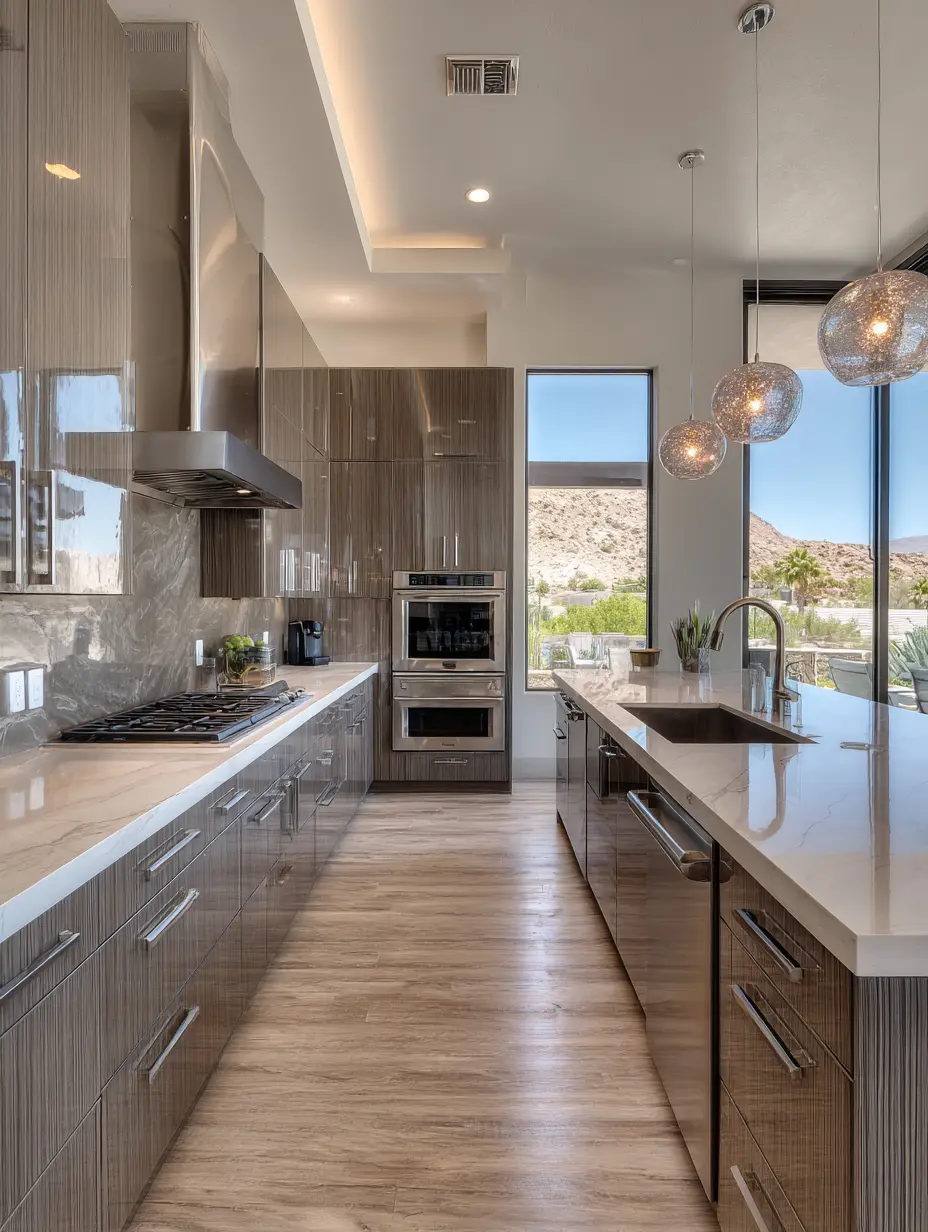 Contemporary kitchen with wood grain cabinets and stainless steel appliances