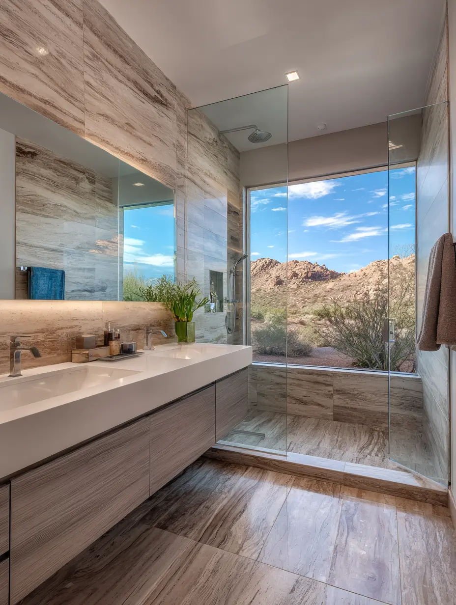 Spa-like bathroom with wood vanity and natural stone elements